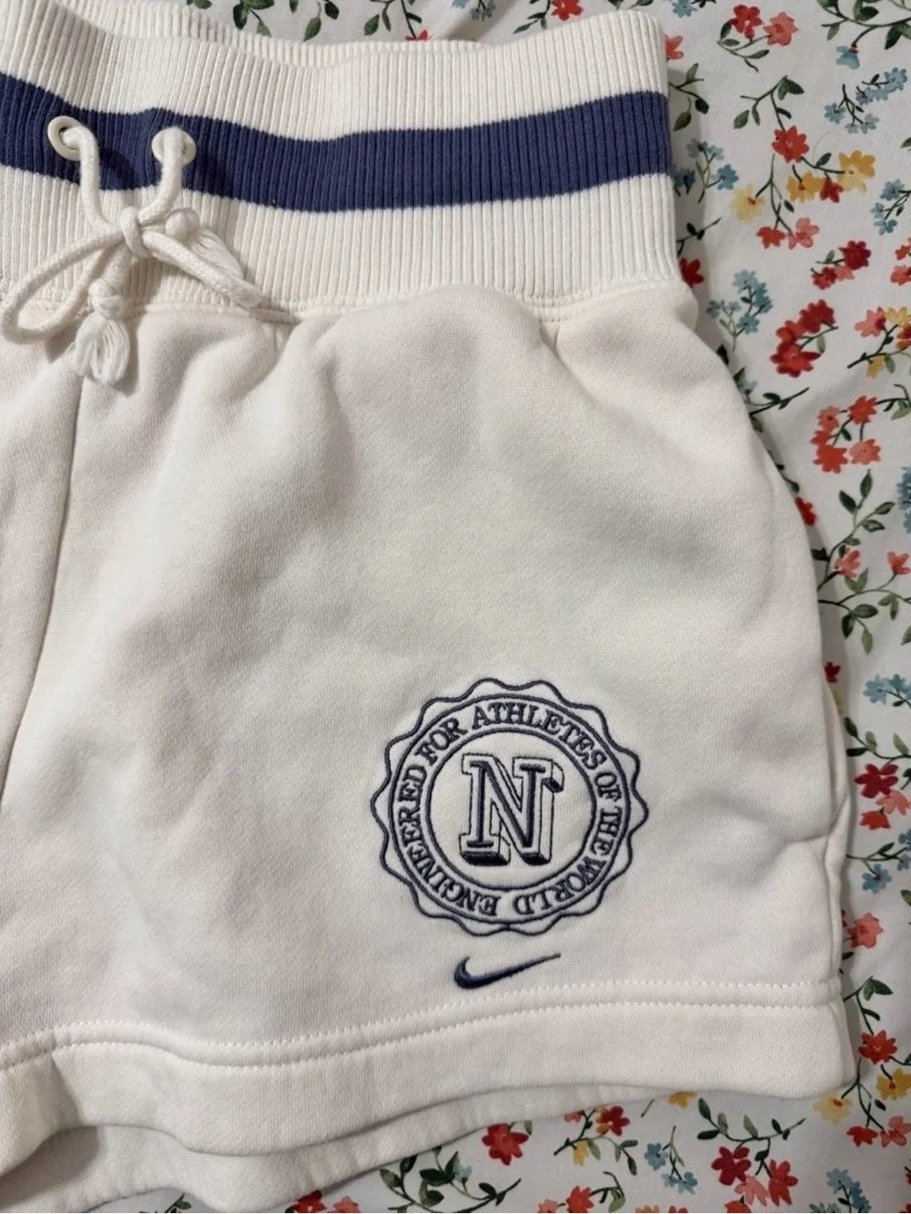 Nike White Athletic Shorts with Navy Waistband and Crest